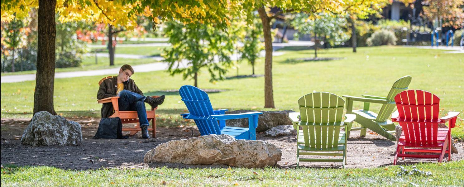 Student studying his class notes outdoors.